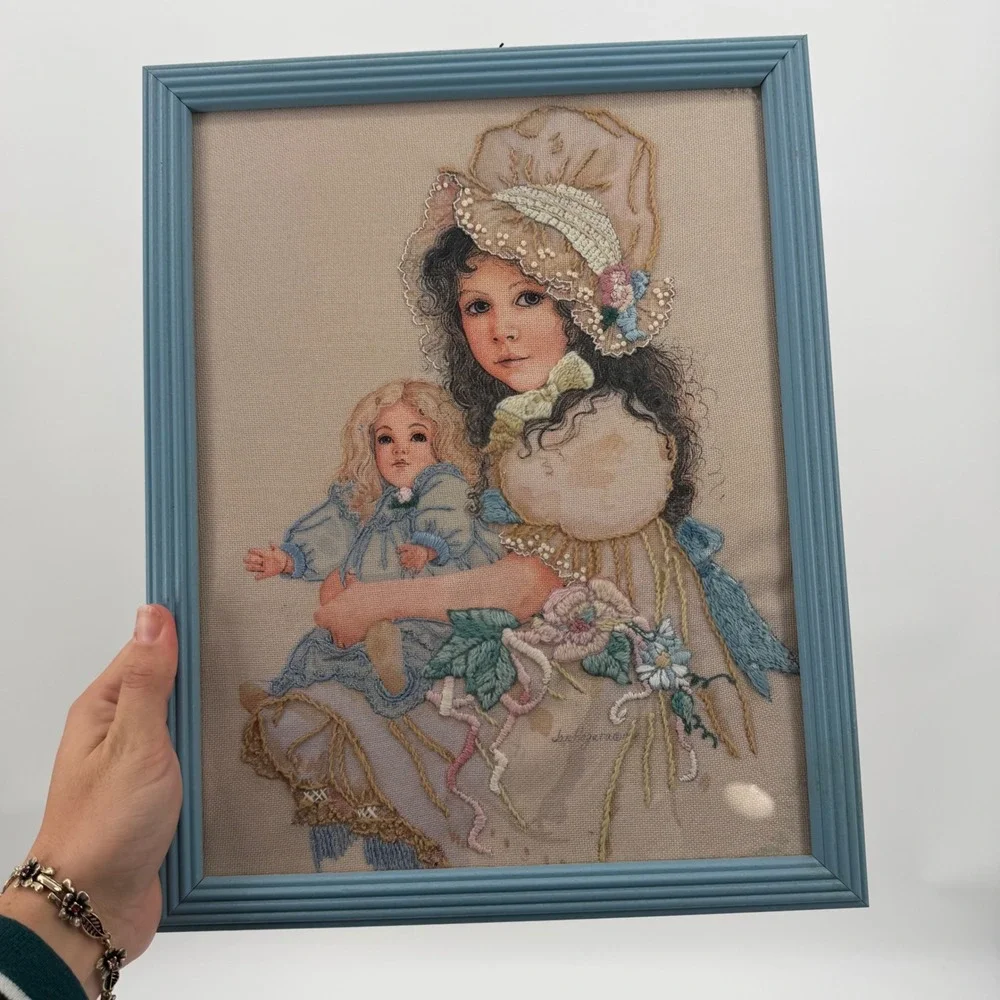 Jan Hagara Framed Needlepoint Art Victorian Girl with Doll Blue Frame 11x14